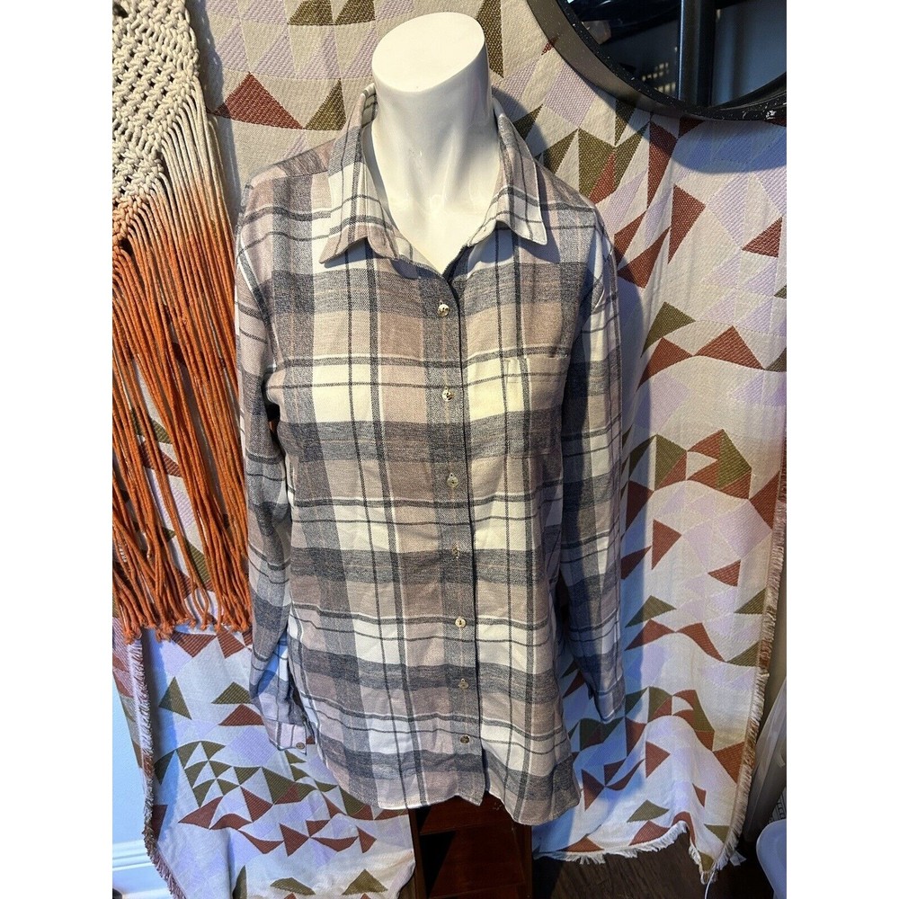 Kuhl Flannel Button Up Large Womens Top Pink Gray Plaid Long Sleeve Check